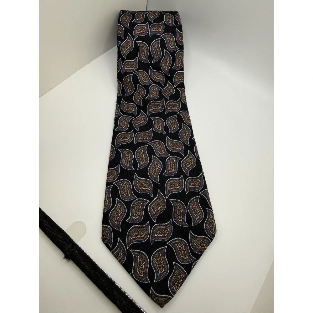 VTG Nordstrom Tie Italy Hand Sewn Silk Paisley Black Blue Brown Classic 59.5